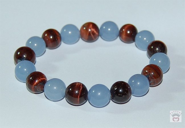 Edelsteinarmband Tigerauge rot, Quarz blau, Kugelarmband