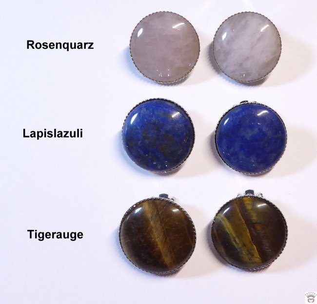 Runde Metallohrclips mit Edelstein-Cabochons.