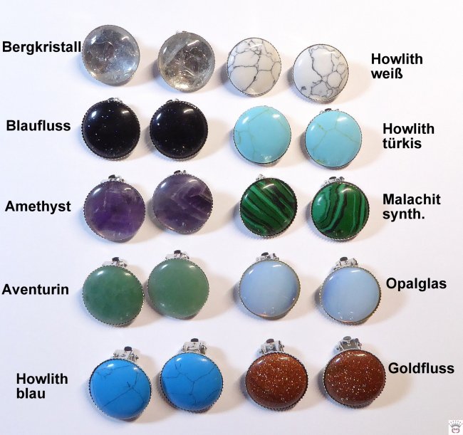 Runde Metallohrclips mit Edelstein-Cabochons.