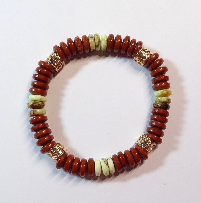 Edelsteinarmband Jaspis rot, Zitronenchrysopras, Messing