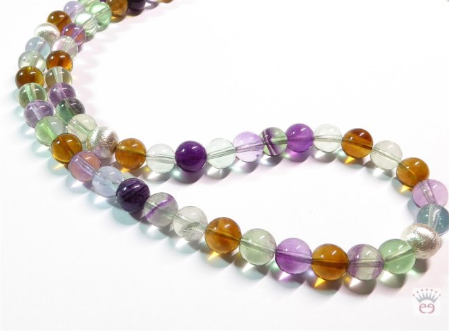Edelsteinkette Fluorit Multicolor, gebürstete Silberkugeln