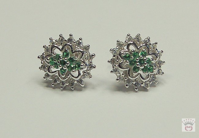 Ohrstecker weiße Zirkonia, smaragdfarbene Glassteine